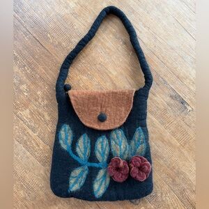 Art-to-WEAR Felted Wool 100% Wool Shoulder Bag Purse Handbag Black With Flowers